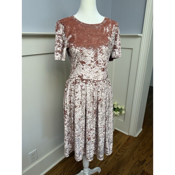 LuLaRoe Amelia Retro Crushed Velvet Pockets Exposed Zipper Dress M Pink Blush - Picture 1 of 6